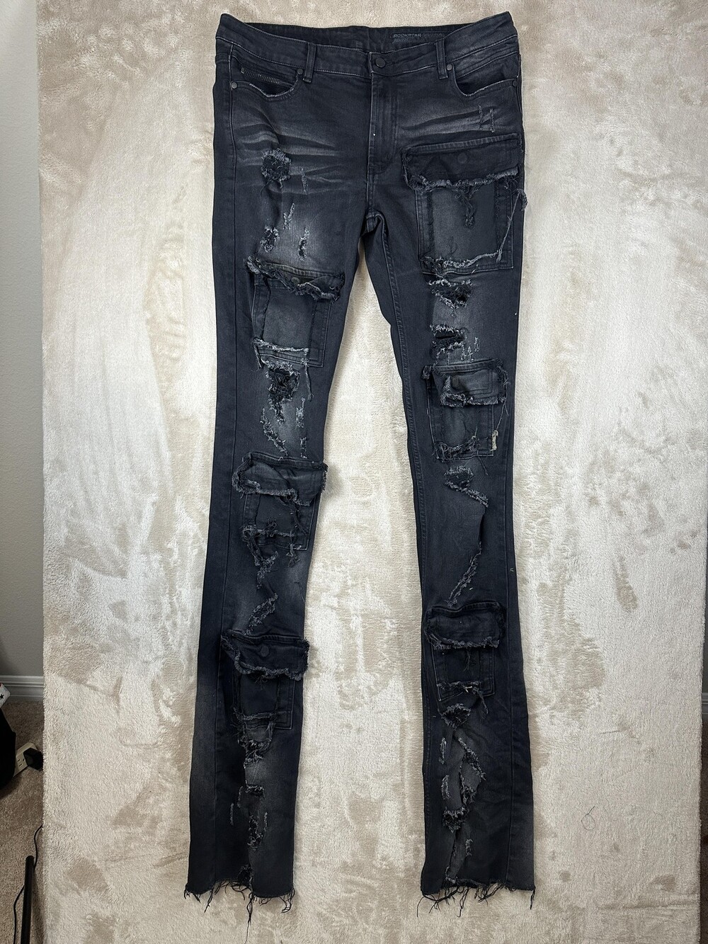 Rockstar Original Jeans Mens 40x32 Black Skinny Distressed Cargo Streetwear